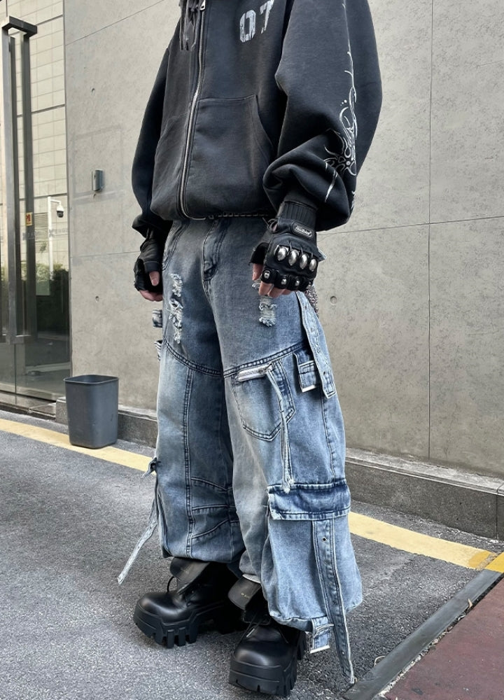 【DARKFOG】Multiple suspender design dull blue base wide cargo denim pants  DF0054