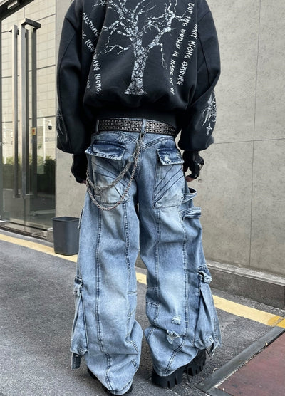 【DARKFOG】Multiple suspender design dull blue base wide cargo denim pants  DF0054