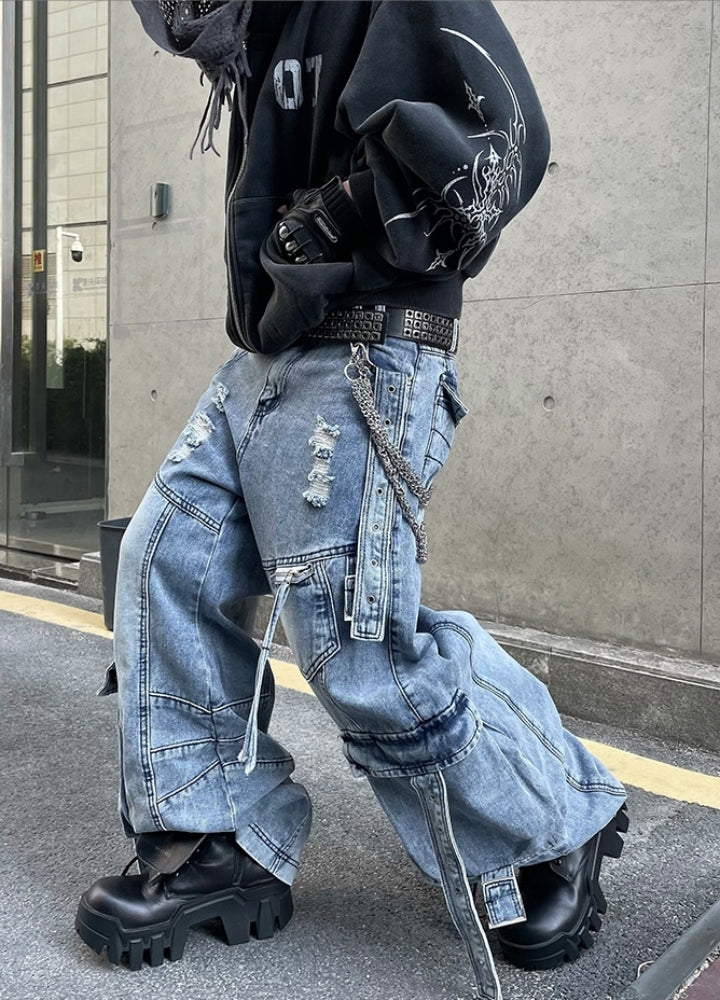 デニム・ジーパン DARKFOG Pleats Cargo Denim Pants DARKFOG】Multiple suspender design dull blue base wide cargo