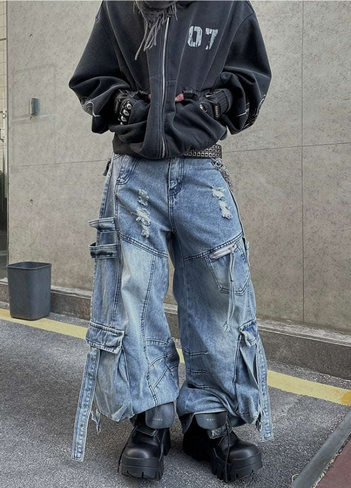 【DARKFOG】Multiple suspender design dull blue base wide cargo denim pants  DF0054