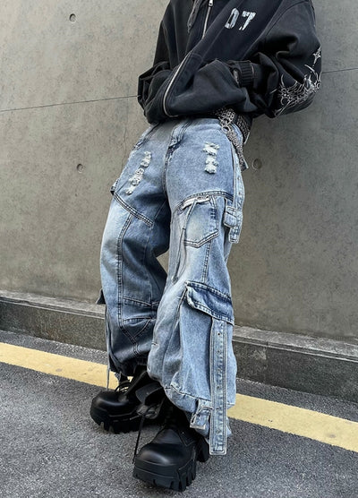 【DARKFOG】Multiple suspender design dull blue base wide cargo denim pants  DF0054