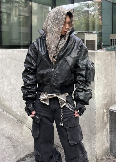 【DARKFOG】Sleeve silhouette vintage synthetic leather jacket  DF0057