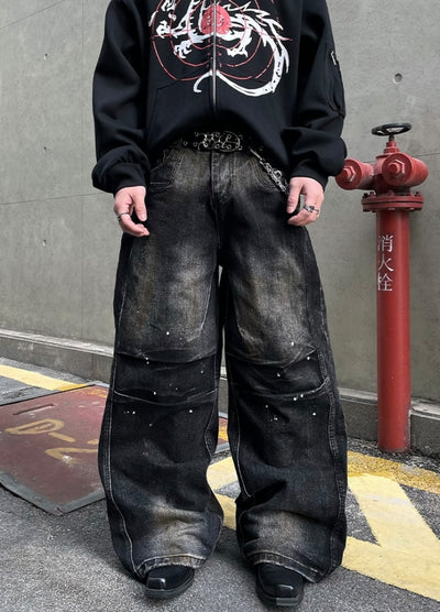 【DARKFOG】Vintage dull base color wide damaged denim pants  DF0058