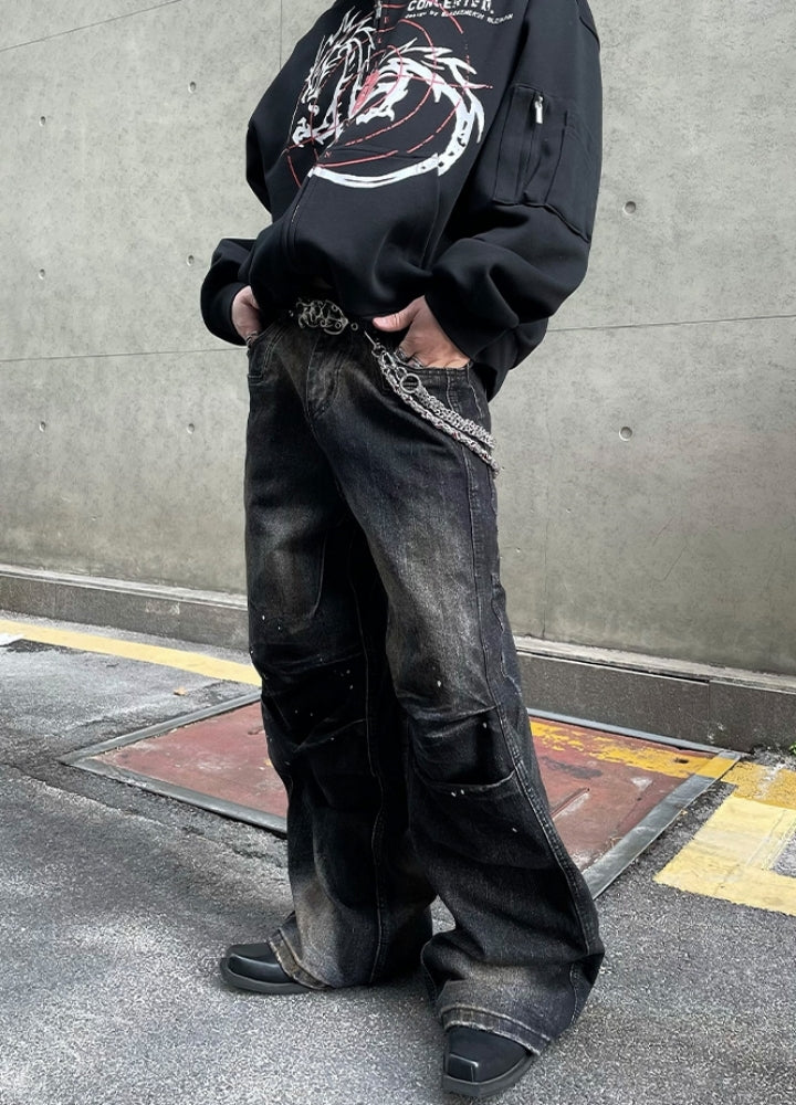 【DARKFOG】Vintage dull base color wide damaged denim pants  DF0058