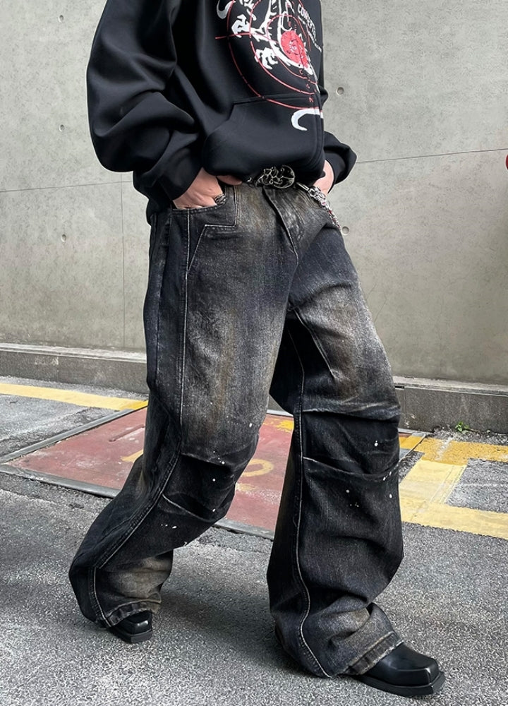 【DARKFOG】Vintage dull base color wide damaged denim pants  DF0058