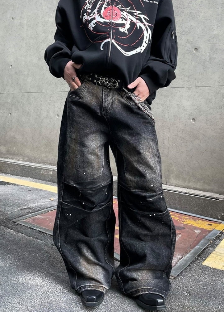 【DARKFOG】Vintage dull base color wide damaged denim pants  DF0058