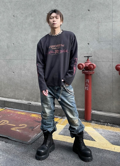 【DARKFOG】Vintage base color flame street-like long sleeve T-shirt  DF0060