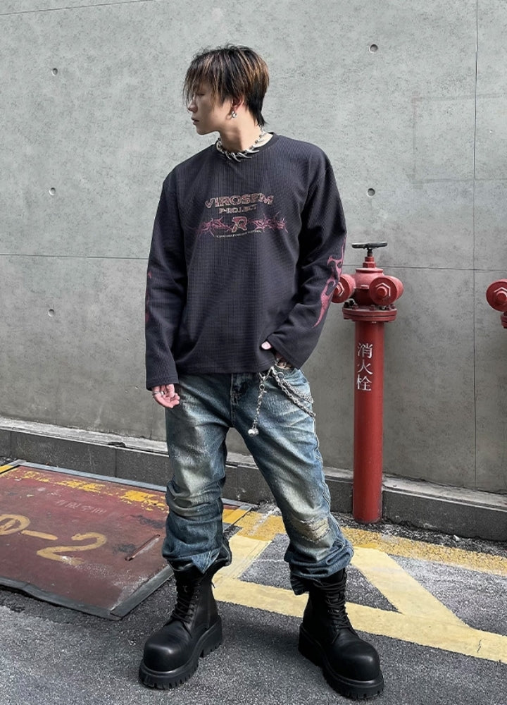 【DARKFOG】Vintage base color flame street-like long sleeve T-shirt  DF0060