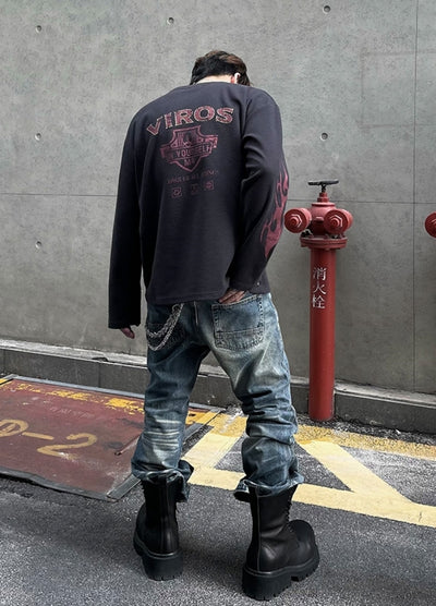 【DARKFOG】Vintage base color flame street-like long sleeve T-shirt  DF0060