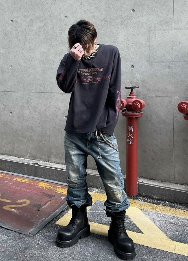 【DARKFOG】Vintage base color flame street-like long sleeve T-shirt  DF0060