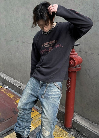 【DARKFOG】Vintage base color flame street-like long sleeve T-shirt  DF0060