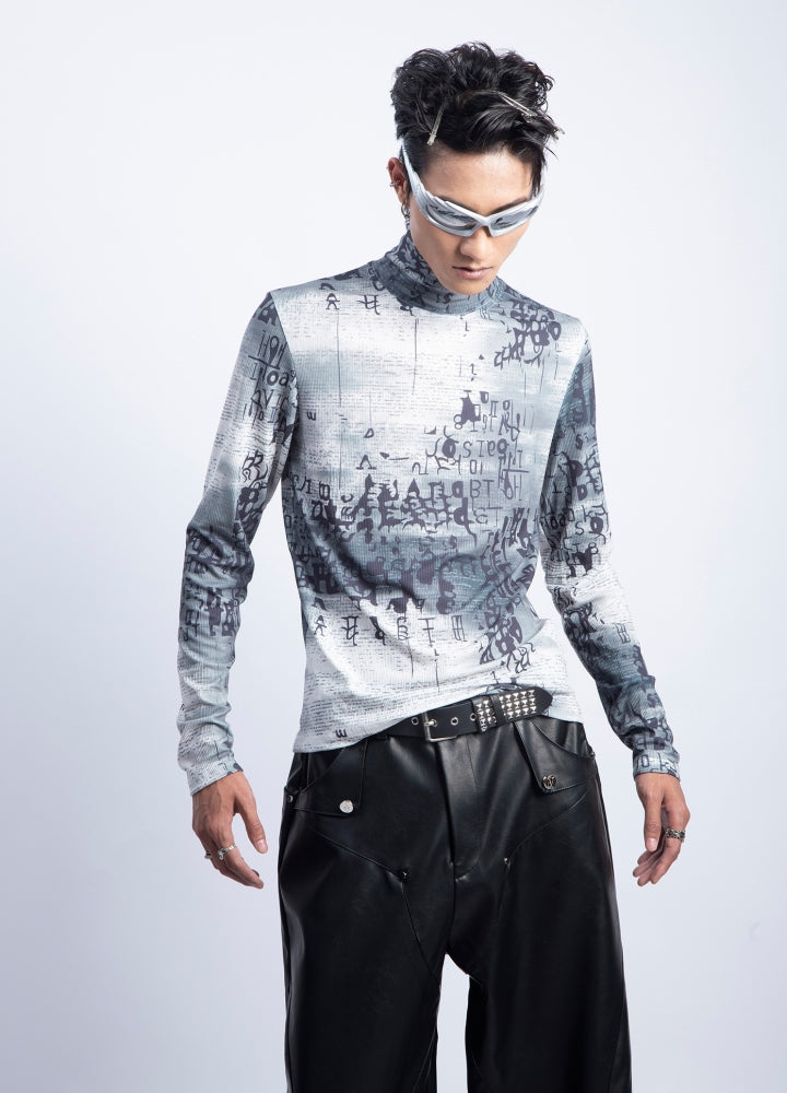 【PLAN1ONE】Artful illustration design tight silhouette long sleeve T-shirt  PL0060