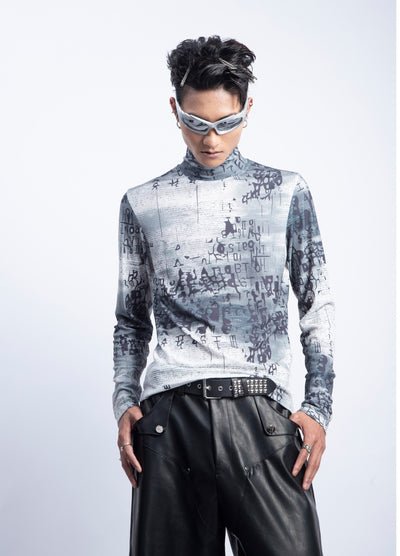 【PLAN1ONE】Artful illustration design tight silhouette long sleeve T-shirt  PL0060