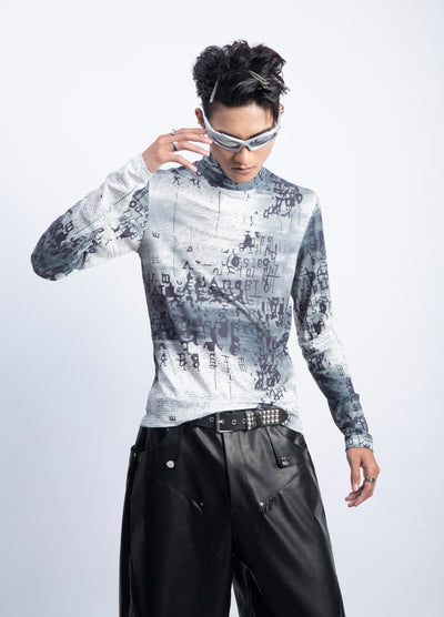 【PLAN1ONE】Artful illustration design tight silhouette long sleeve T-shirt  PL0060