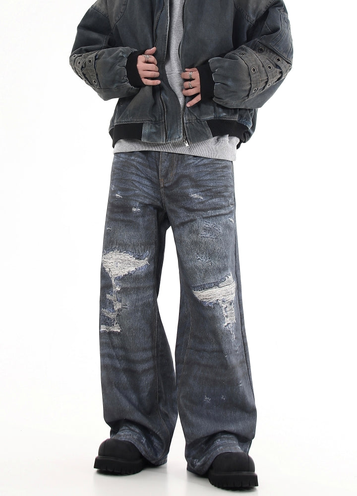 【Blacklists】Navy blue distressed wide denim pants  BL0028