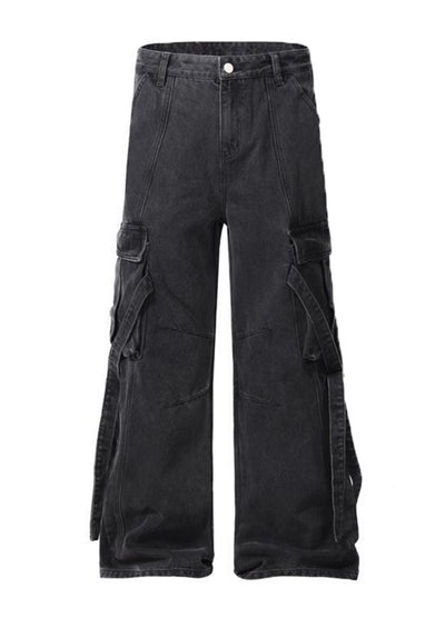 【Blacklists】Gimmick suspender design dark grey cargo denim pants  BL0037