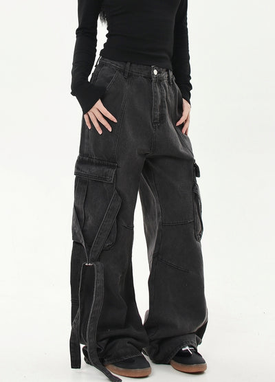 【Blacklists】Gimmick suspender design dark grey cargo denim pants  BL0037