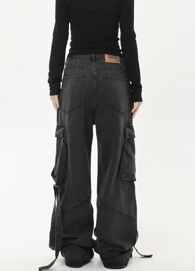 【Blacklists】Gimmick suspender design dark grey cargo denim pants  BL0037