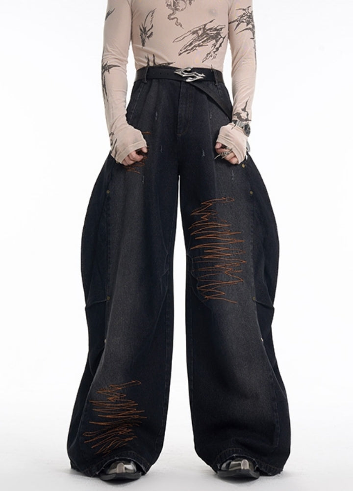 【STARTEXCEEDEND】Side design line front graffiti illustration denim pants  SC0012