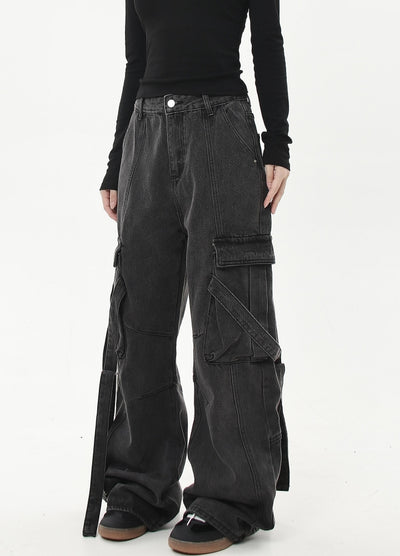 【Blacklists】Gimmick suspender design dark grey cargo denim pants  BL0037