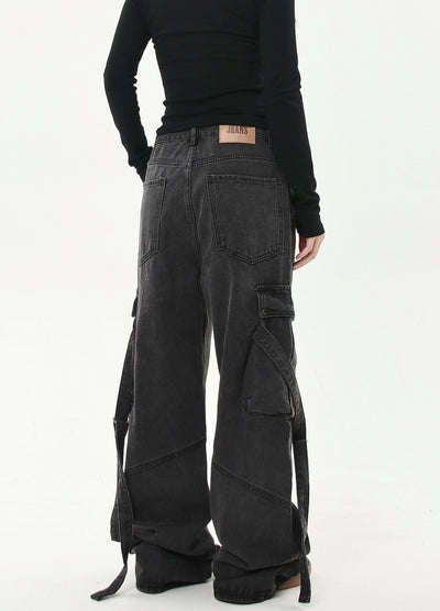 【Blacklists】Gimmick suspender design dark grey cargo denim pants  BL0037