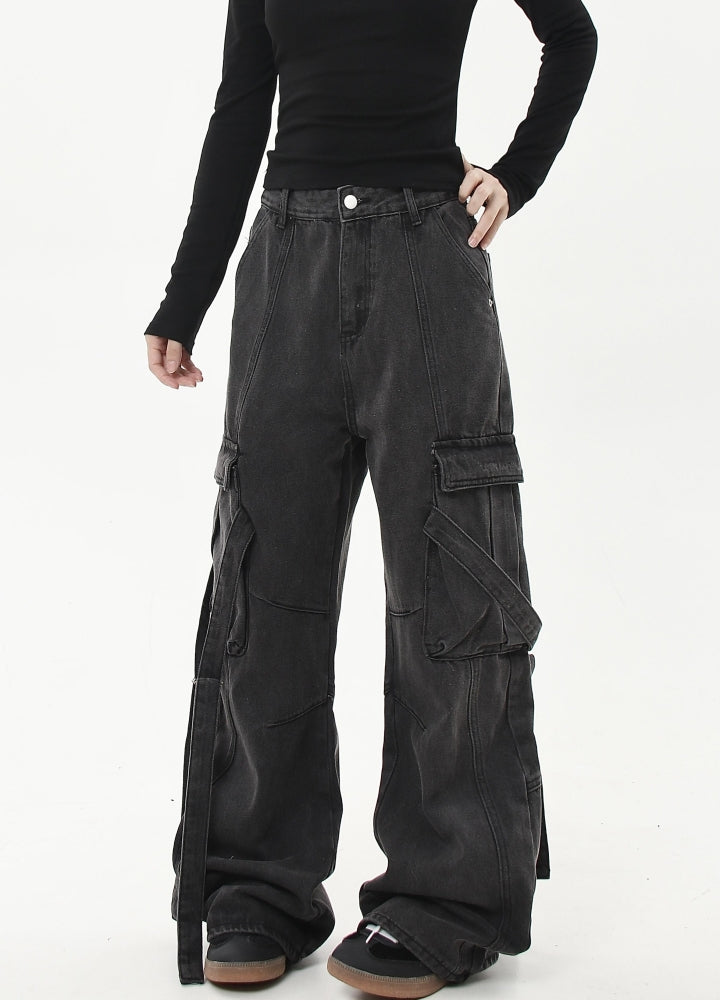 【Blacklists】Gimmick suspender design dark grey cargo denim pants  BL0037