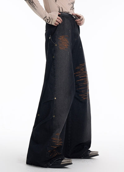 【STARTEXCEEDEND】Side design line front graffiti illustration denim pants  SC0012