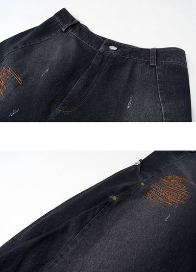 【STARTEXCEEDEND】Side design line front graffiti illustration denim pants  SC0012