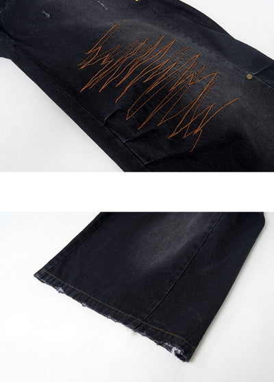 【STARTEXCEEDEND】Side design line front graffiti illustration denim pants  SC0012