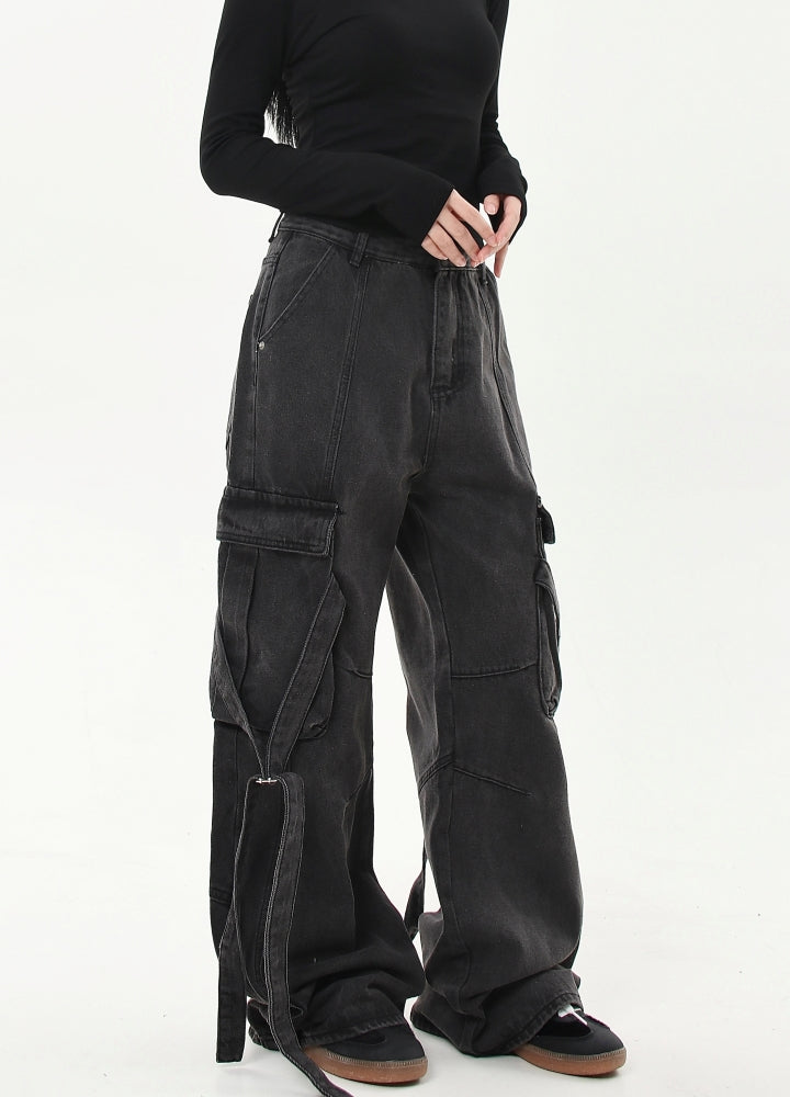 【Blacklists】Gimmick suspender design dark grey cargo denim pants  BL0037