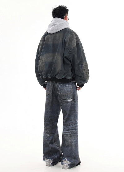 【Blacklists】Navy blue distressed wide denim pants  BL0028