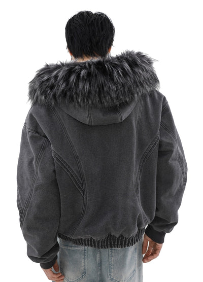 【MR nearly】Fur hoodie design double zip silhouette jacket  MR0149