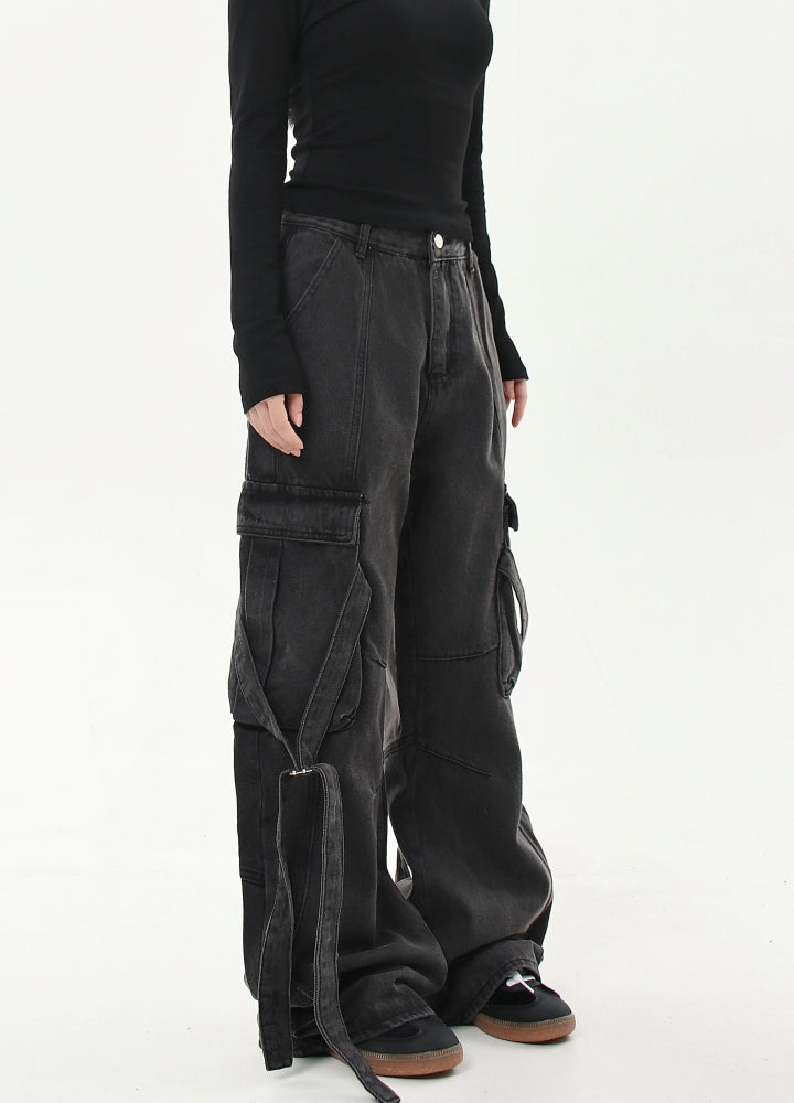 【Blacklists】Gimmick suspender design dark grey cargo denim pants  BL0037