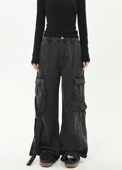 【Blacklists】Gimmick suspender design dark grey cargo denim pants  BL0037