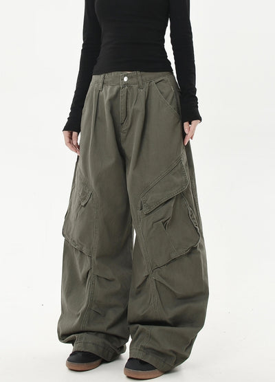 【Blacklists】Diagonal line design silhouette wide cargo pants  BL0038