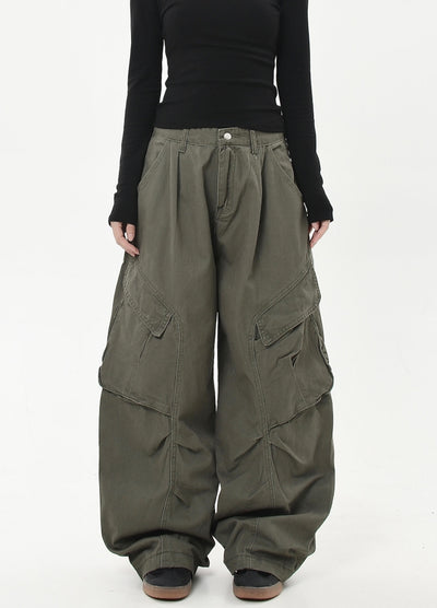 【Blacklists】Diagonal line design silhouette wide cargo pants  BL0038