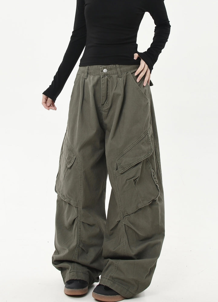 【Blacklists】Diagonal line design silhouette wide cargo pants  BL0038