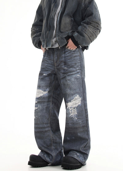 【Blacklists】Navy blue distressed wide denim pants  BL0028