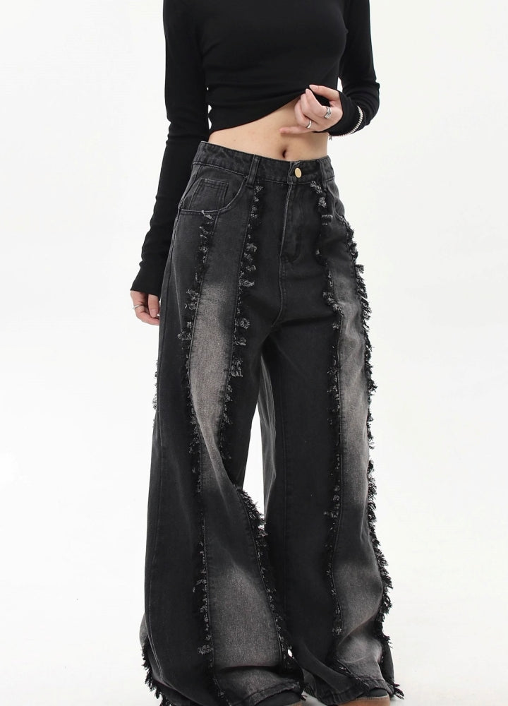 【Blacklists】Remade multi-fringe distressed wide denim pants  BL0042