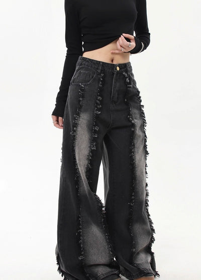 【Blacklists】Remade multi-fringe distressed wide denim pants  BL0042