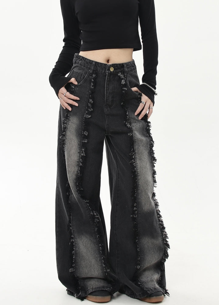 【Blacklists】Remade multi-fringe distressed wide denim pants  BL0042