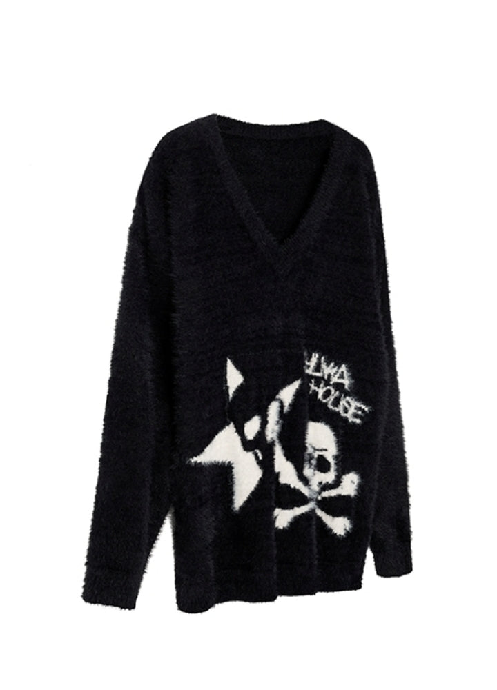 【YUKAHOUSE 】Monotone skull design oversized knit sweater  YO0017