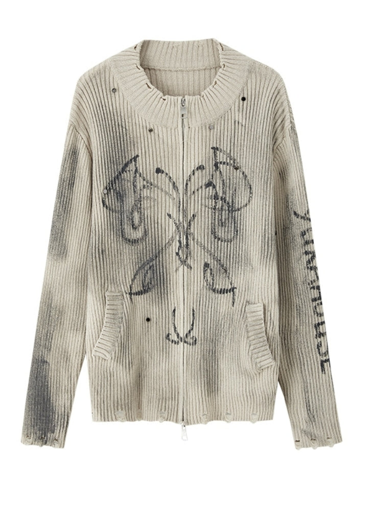 【YUKAHOUSE 】Dull distressed wash double zip design knit sweater  YO0018