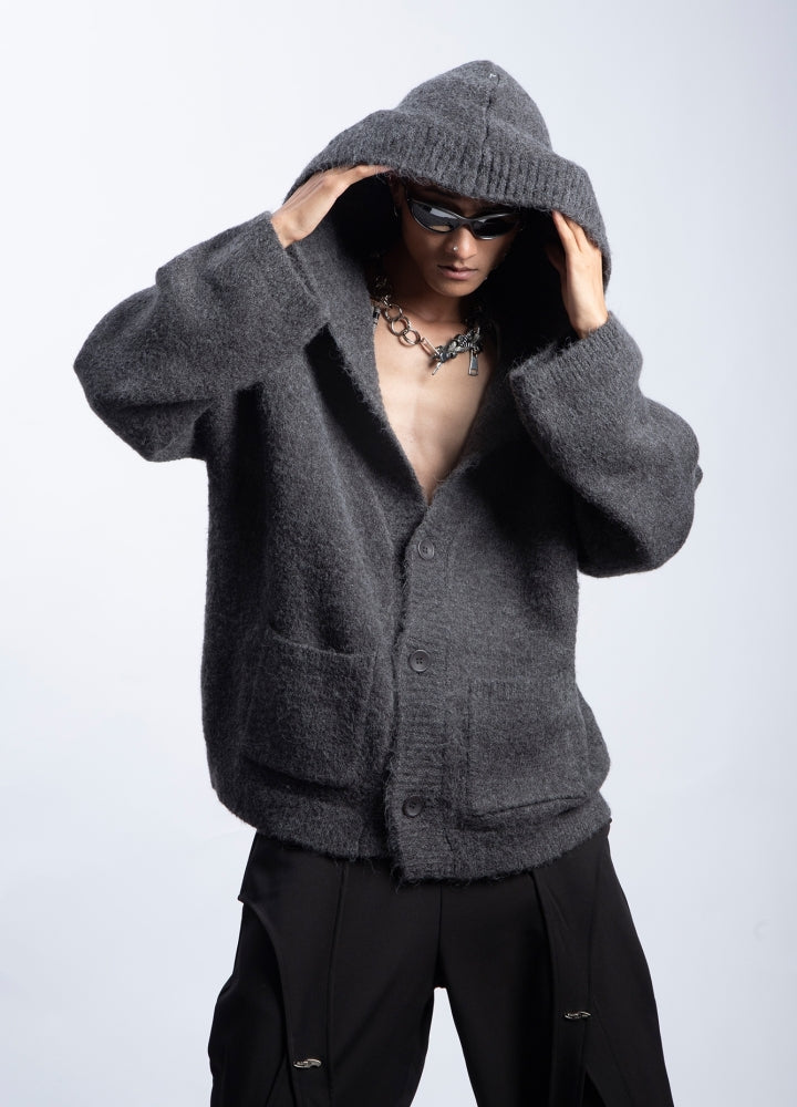 【PLAN1ONE】Knit design button style hoodie plus cardigan  PL0052