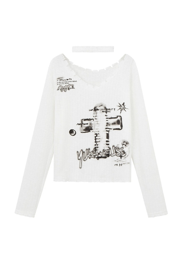 【YUKAHOUSE 】Cross Painted Dull Design Tight Grunge Knit Sweater  YO0019