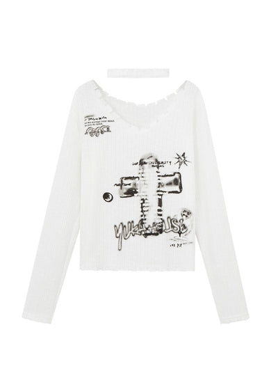 【YUKAHOUSE 】Cross Painted Dull Design Tight Grunge Knit Sweater  YO0019