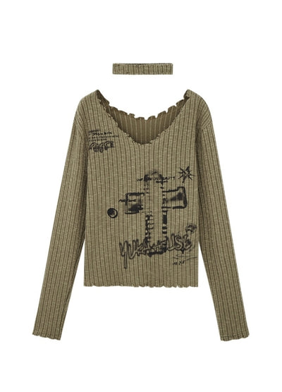 【YUKAHOUSE 】Cross Painted Dull Design Tight Grunge Knit Sweater  YO0019