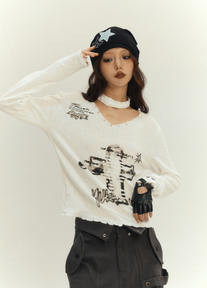 【YUKAHOUSE 】Cross Painted Dull Design Tight Grunge Knit Sweater  YO0019