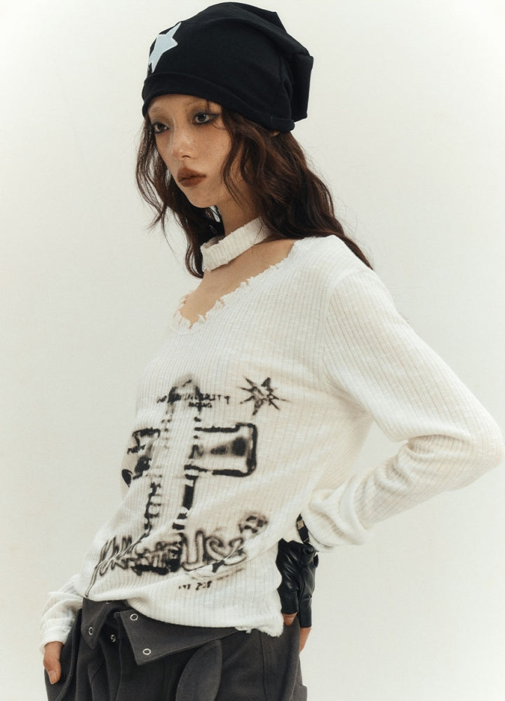 【YUKAHOUSE 】Cross Painted Dull Design Tight Grunge Knit Sweater  YO0019