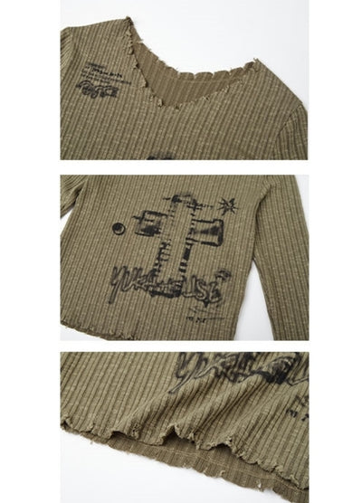 【YUKAHOUSE 】Cross Painted Dull Design Tight Grunge Knit Sweater  YO0019